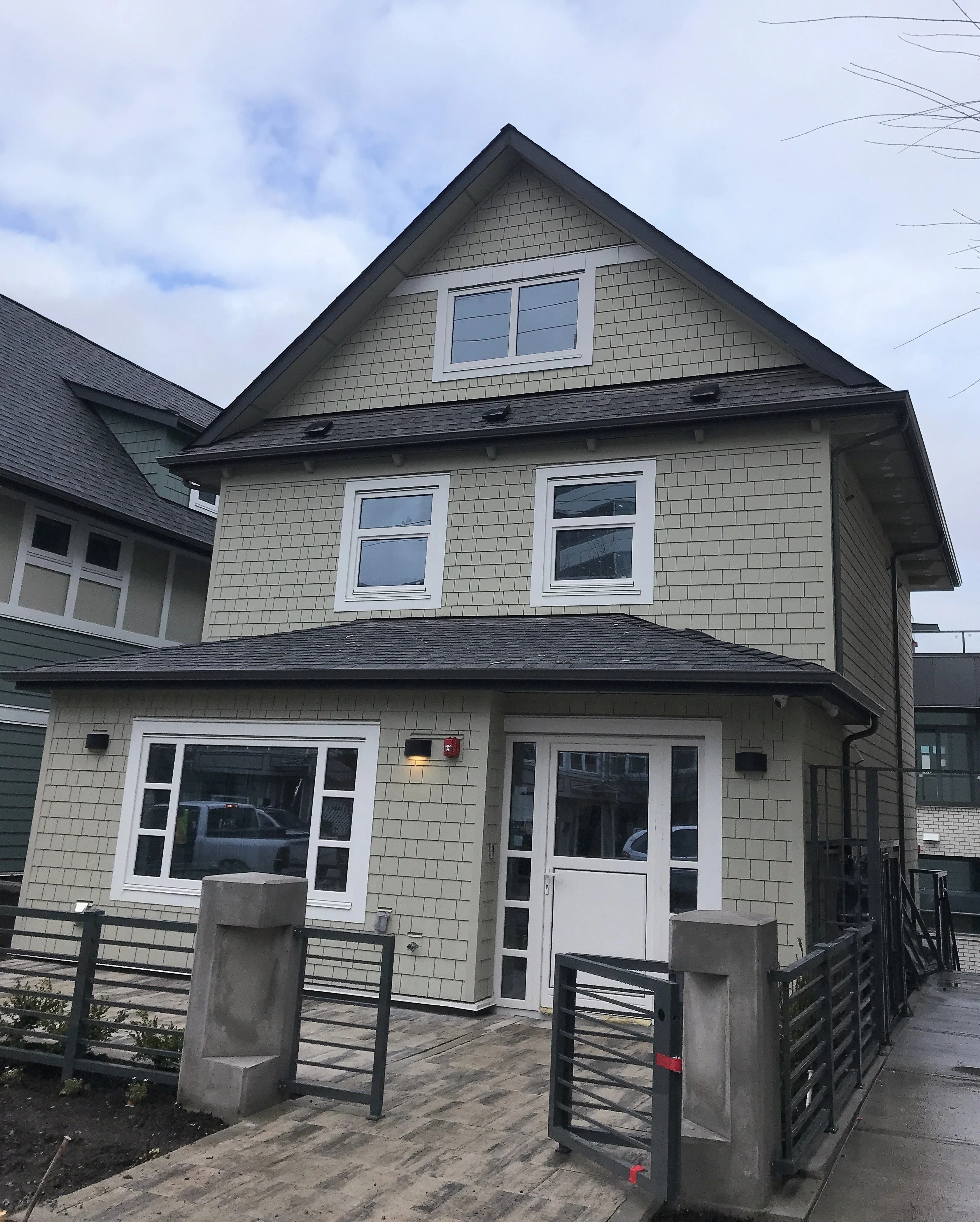 Heritage house renovation done in Vancouver. Target was to keep look as close as possible. Hardie Shingle panels over 1.5 semirigid insulation. Hardie soffit panels.