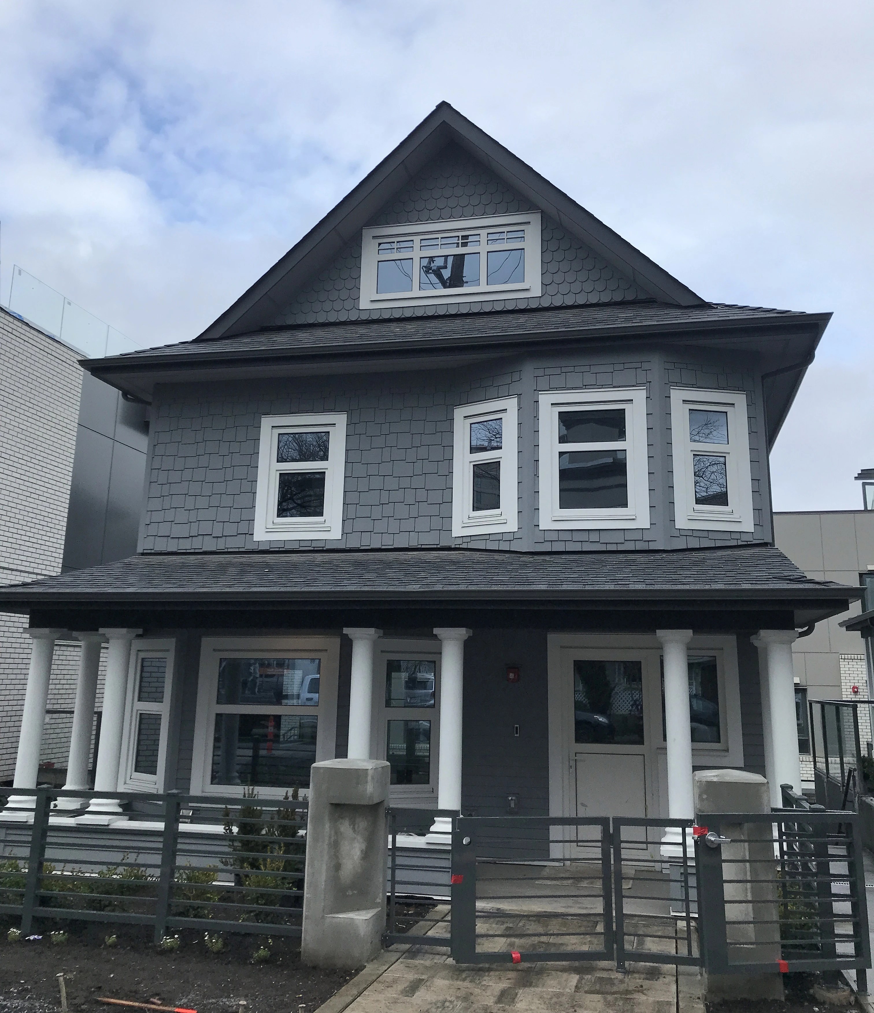 Heritage house renovation done in Vancouver. Target was to keep look as close as possible. Hardie Staggered panels over 1.5 semirigid insulation. Hardie soffit panels.